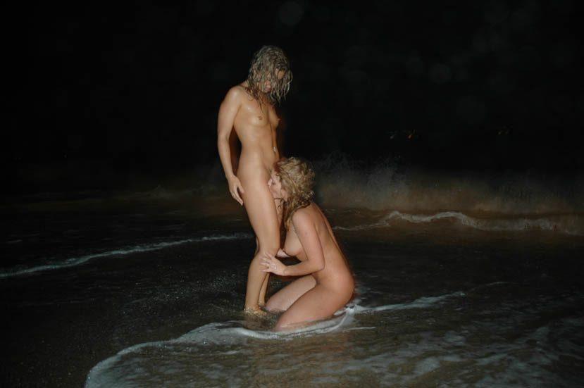 Lesbian fun at night beach