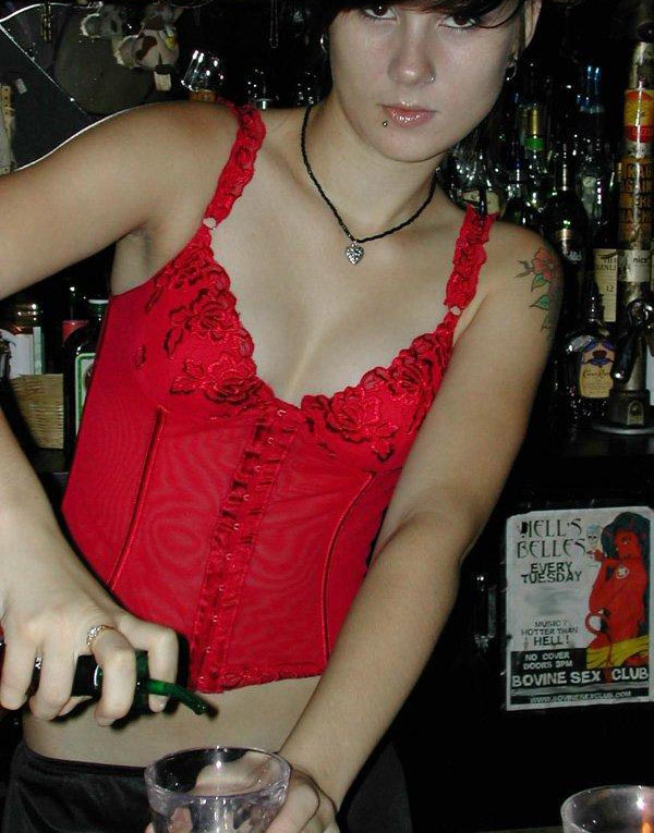 Amateur barmaid - naked in work