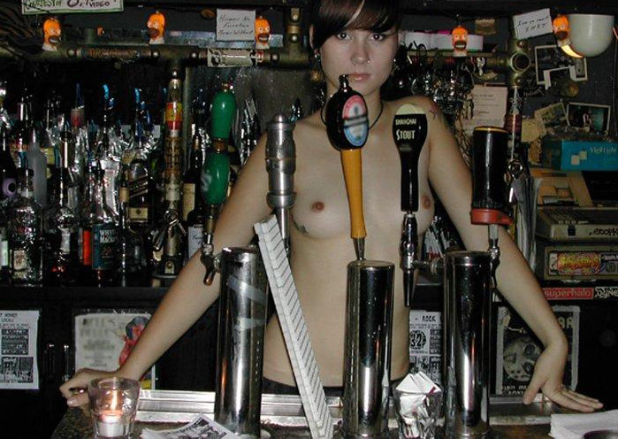 Amateur barmaid - naked in work