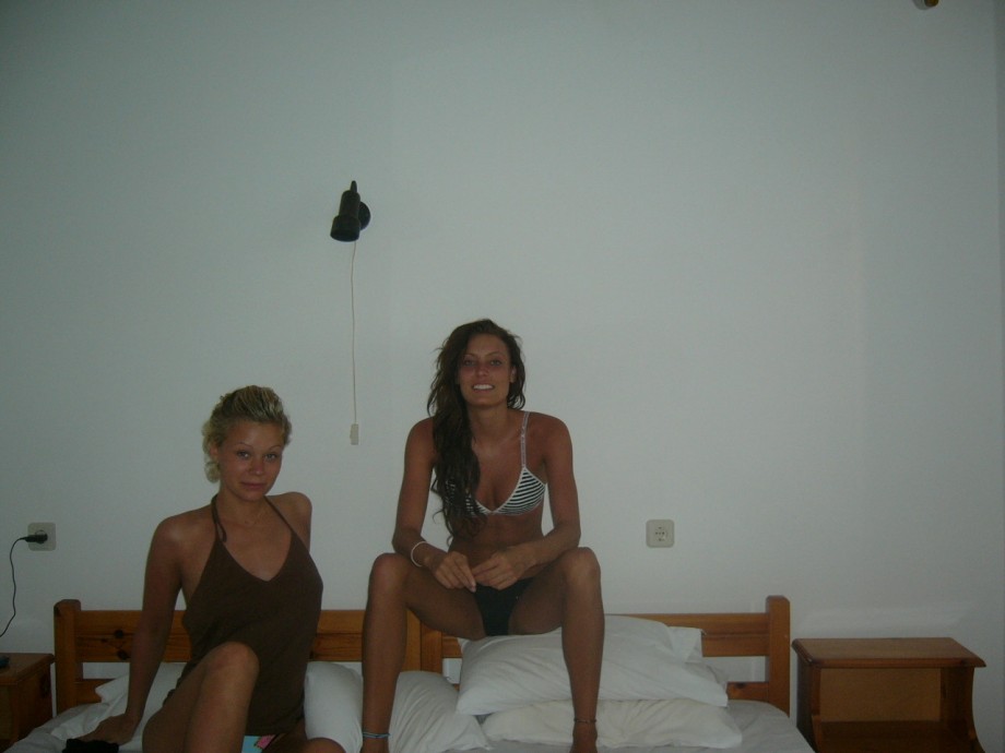 Brunette and blonde together on holiday 