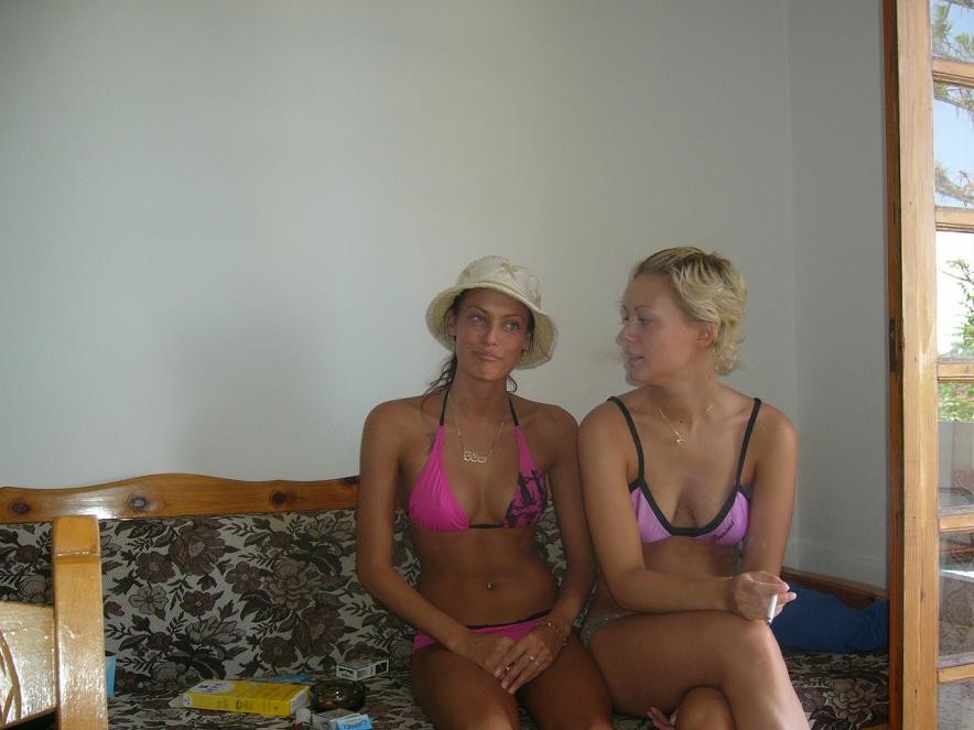 Brunette and blonde together on holiday 