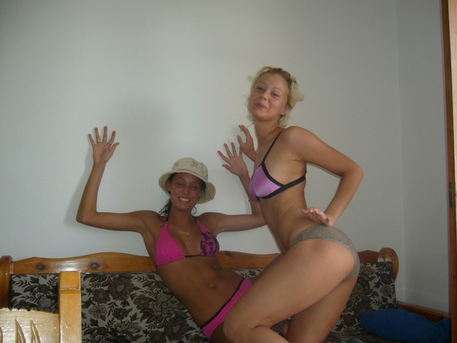 Brunette and blonde together on holiday 