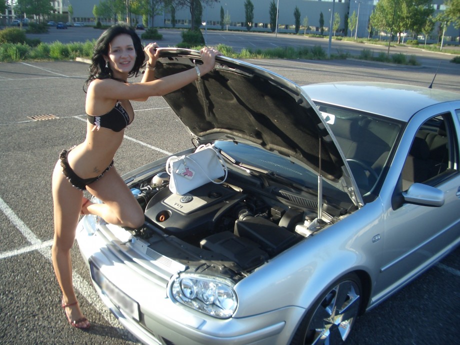Posing in transapent underwear on car