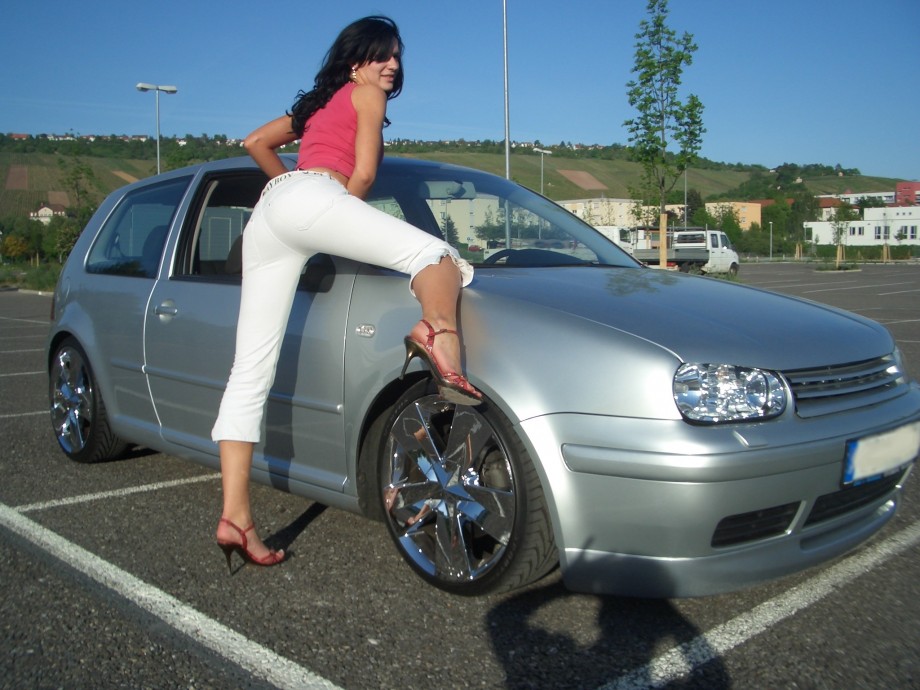 Posing in transapent underwear on car