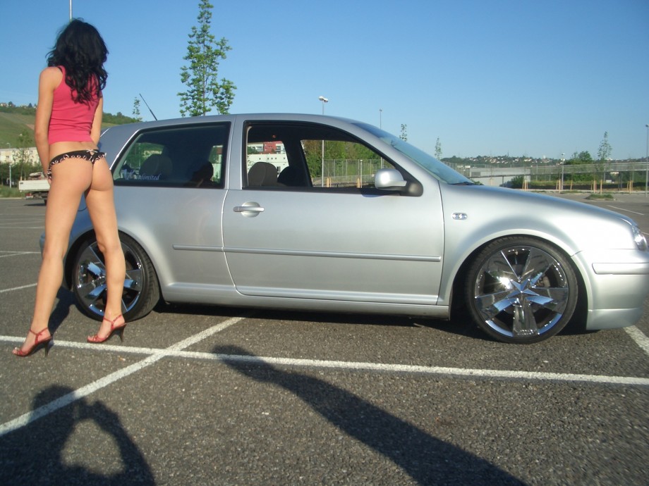 Posing in transapent underwear on car