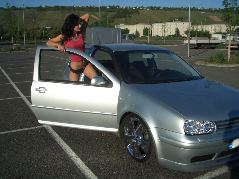 Posing in transapent underwear on car