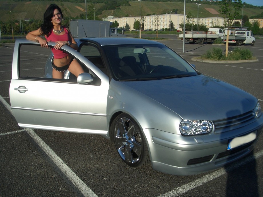 Posing in transapent underwear on car