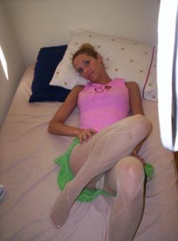 Blonde in pink top white pantyhose  11/32