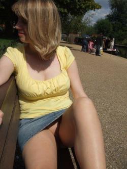 Big titty blonde shows tits and pussy in park!  3/6