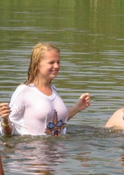 Funny girls on lake in wet shirts 3/33